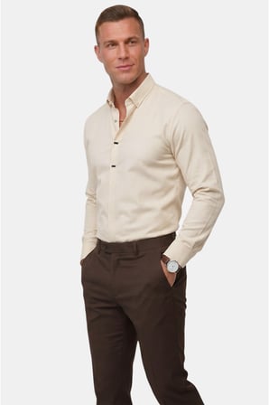DeepSEA Krem Slim Fit Likralı Kolay Ütülenebilir Gizli Düğmeli Erkek Gömlek 2602614