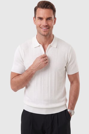 DeepSEA Erkek Fermuarlı Beyaz Polo Yaka Triko Tişört Regular Fit Rahat Kesim 2604360