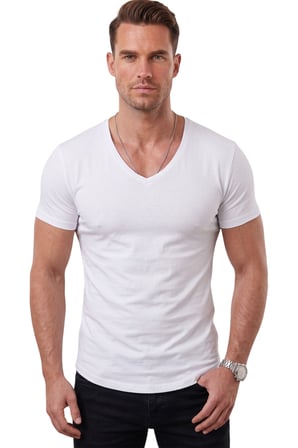 DeepSEA Beyaz Erkek Slim Fit Derin V Yaka Basic Tişört %90 Pamuk Likralı Asimetrik Kesim 2602265