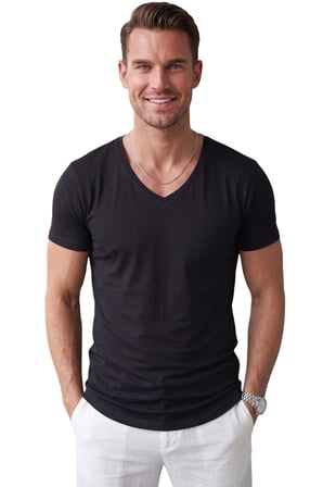 DeepSEA Siyah Erkek Slim Fit Derin V Yaka Basic Tişört %90 Pamuk Likralı Asimetrik Kesim 2602265