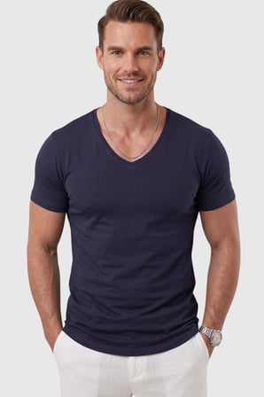 DeepSEA Lacivert Erkek Slim Fit Derin V Yaka Basic Tişört %90 Pamuk Likralı Asimetrik Kesim 2602265