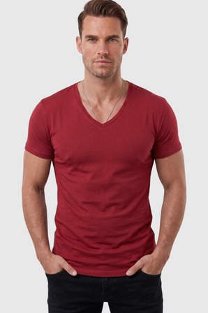 DeepSEA Bordo Erkek Slim Fit Derin V Yaka Basic Tişört %90 Pamuk Likralı Asimetrik Kesim 2602265