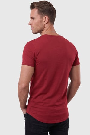DeepSEA Bordo Erkek Slim Fit Derin V Yaka Basic Tişört %90 Pamuk Likralı Asimetrik Kesim 2602265