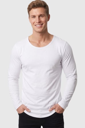 DeepSEA Erkek Beyaz %95 Pamuk Slim Fit Kesik Açık Yaka Likralı Penye Sweatshirt Oval Kesim 2602299