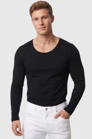 DeepSEA Erkek Siyah %95 Pamuk Slim Fit Kesik Açık Yaka Likralı Penye Sweatshirt Oval Kesim 2602299