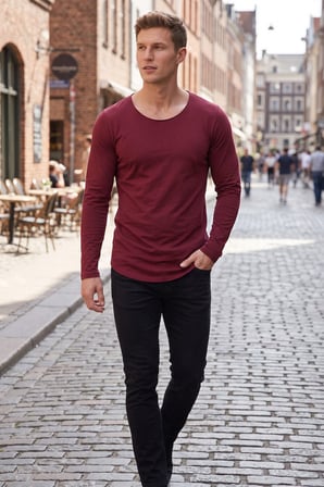 DeepSEA Erkek Bordo %95 Pamuk Slim Fit Kesik Açık Yaka Likralı Penye Sweatshirt Oval Kesim 2602299