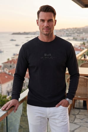 DeepSEA Erkek Slim Fit Jakar Dokulu Siyah Sweatshirt – Likralı Yumuşak Dokulu Bisiklet Yaka Nakışlı 2708516