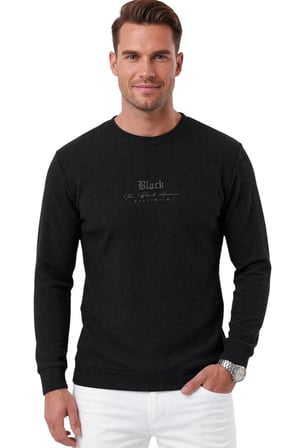 DeepSEA Erkek Slim Fit Jakar Dokulu Siyah Sweatshirt – Likralı Yumuşak Dokulu Bisiklet Yaka Nakışlı 2708516