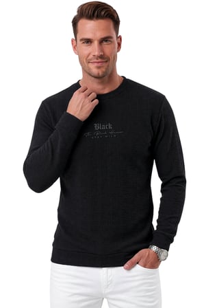 DeepSEA Erkek Slim Fit Jakar Dokulu Siyah Sweatshirt – Likralı Yumuşak Dokulu Bisiklet Yaka Nakışlı 2708516