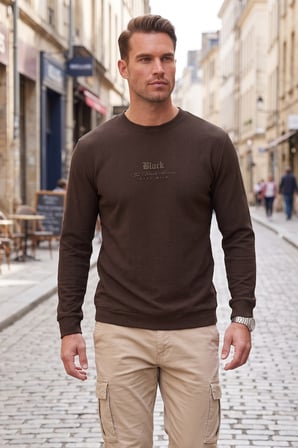 DeepSEA Erkek Slim Fit Jakar Dokulu Kahve Sweatshirt – Likralı Yumuşak Dokulu Bisiklet Yaka Nakışlı 2708516