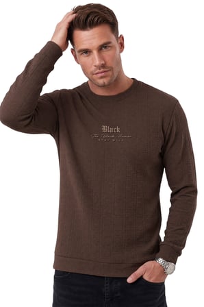 DeepSEA Erkek Slim Fit Jakar Dokulu Kahve Sweatshirt – Likralı Yumuşak Dokulu Bisiklet Yaka Nakışlı 2708516