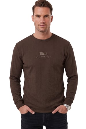 DeepSEA Erkek Slim Fit Jakar Dokulu Kahve Sweatshirt – Likralı Yumuşak Dokulu Bisiklet Yaka Nakışlı 2708516