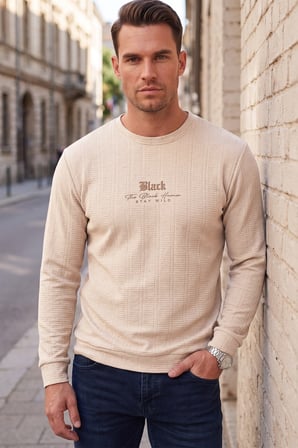 DeepSEA Erkek Slim Fit Jakar Dokulu Bej Sweatshirt – Likralı Yumuşak Dokulu Bisiklet Yaka Nakışlı 2708516