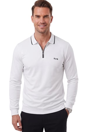 DeepSEA Erkek Slim Fit Tüylenmeyen Fermuarlı Polo Yaka Beyaz Sweatshirt – Yumuşak Dokulu Sweat 2708517
