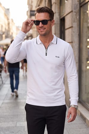 DeepSEA Erkek Slim Fit Tüylenmeyen Fermuarlı Polo Yaka Beyaz Sweatshirt – Yumuşak Dokulu Sweat 2708517