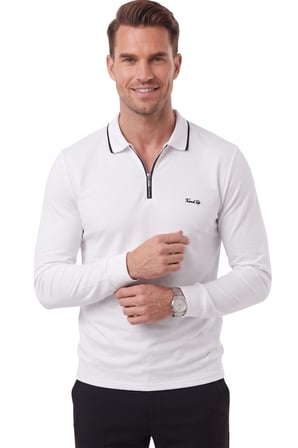 DeepSEA Erkek Slim Fit Tüylenmeyen Fermuarlı Polo Yaka Beyaz Sweatshirt – Yumuşak Dokulu Sweat 2708517