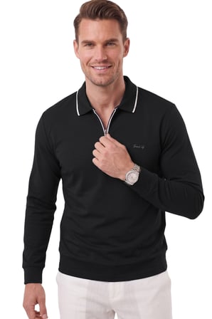 DeepSEA Erkek Slim Fit Tüylenmeyen Fermuarlı Polo Yaka Siyah Sweatshirt – Yumuşak Dokulu Sweat 2708517
