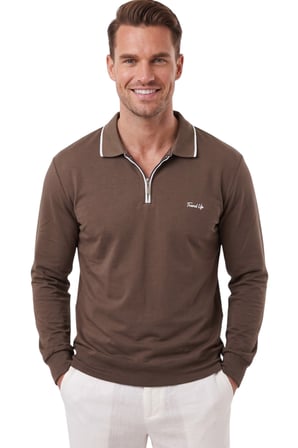 DeepSEA Erkek Slim Fit Tüylenmeyen Fermuarlı Polo Yaka Kahve Sweatshirt – Yumuşak Dokulu Sweat 2708517
