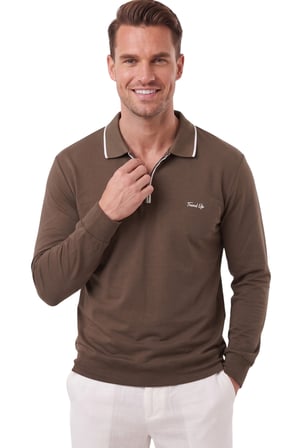 DeepSEA Erkek Slim Fit Tüylenmeyen Fermuarlı Polo Yaka Kahve Sweatshirt – Yumuşak Dokulu Sweat 2708517