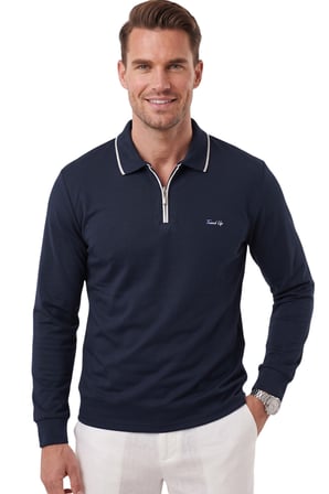 DeepSEA Erkek Slim Fit Tüylenmeyen Fermuarlı Polo Yaka Lacivert Sweatshirt – Yumuşak Dokulu Sweat 2708517