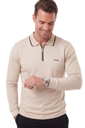 DeepSEA Erkek Slim Fit Tüylenmeyen Fermuarlı Polo Yaka Bej Sweatshirt – Yumuşak Dokulu Sweat 2708517