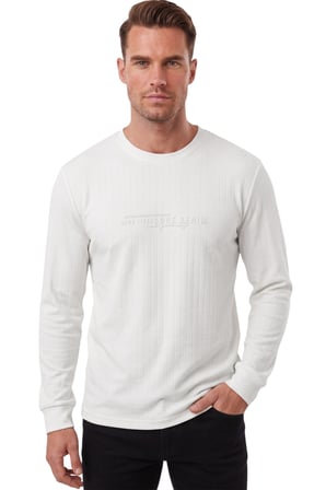 DeepSEA Erkek Slim Fit Likralı Çizgi Dokulu Beyaz Sweatshirt – Bisiklet Yaka Nakışlı Spor Şık Sweat 2708518