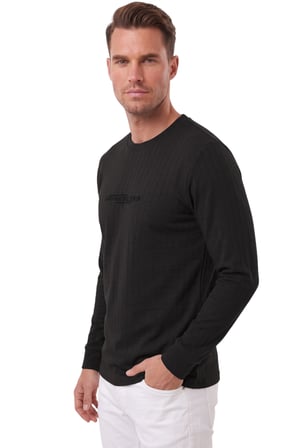 DeepSEA Erkek Slim Fit Likralı Çizgi Dokulu Siyah Sweatshirt – Bisiklet Yaka Nakışlı Spor Şık Sweat 2708518