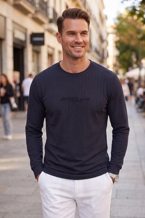DeepSEA Erkek Slim Fit Likralı Çizgi Dokulu Lacivert Sweatshirt – Bisiklet Yaka Nakışlı Spor Şık Sweat 2708518