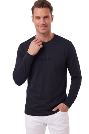 DeepSEA Erkek Slim Fit Likralı Çizgi Dokulu Lacivert Sweatshirt – Bisiklet Yaka Nakışlı Spor Şık Sweat 2708518