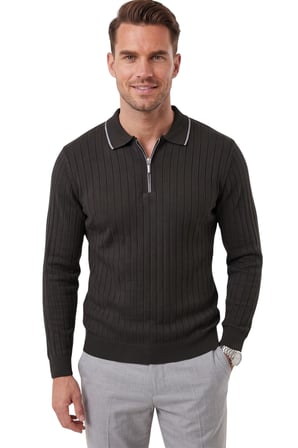 DeepSEA Erkek Slim Fit Tüylenmeyen Çizgi Dokulu Siyah Triko Kazak – Fermuarlı Polo Yaka 2700401