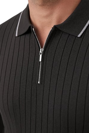 DeepSEA Erkek Slim Fit Tüylenmeyen Çizgi Dokulu Siyah Triko Kazak – Fermuarlı Polo Yaka 2700401