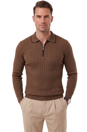DeepSEA Erkek Slim Fit Tüylenmeyen Çizgi Dokulu Kahve Triko Kazak – Fermuarlı Polo Yaka 2700401
