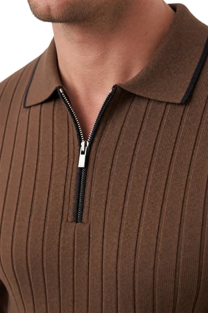 DeepSEA Erkek Slim Fit Tüylenmeyen Çizgi Dokulu Kahve Triko Kazak – Fermuarlı Polo Yaka 2700401