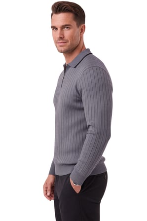 DeepSEA Erkek Slim Fit Tüylenmeyen Çizgi Dokulu Füme Triko Kazak – Fermuarlı Polo Yaka 2700401