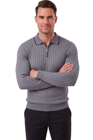 DeepSEA Erkek Slim Fit Tüylenmeyen Çizgi Dokulu Füme Triko Kazak – Fermuarlı Polo Yaka 2700401