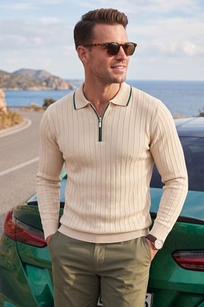 DeepSEA Erkek Slim Fit Tüylenmeyen Çizgi Dokulu Bej Triko Kazak – Fermuarlı Polo Yaka 2700401