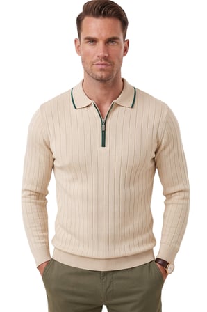 DeepSEA Erkek Slim Fit Tüylenmeyen Çizgi Dokulu Bej Triko Kazak – Fermuarlı Polo Yaka 2700401