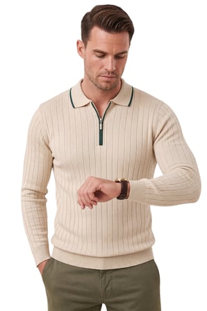 DeepSEA Erkek Slim Fit Tüylenmeyen Çizgi Dokulu Bej Triko Kazak – Fermuarlı Polo Yaka 2700401