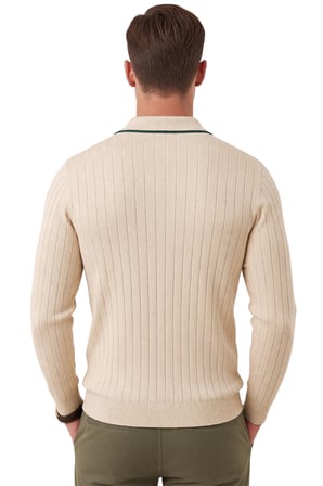 DeepSEA Erkek Slim Fit Tüylenmeyen Çizgi Dokulu Bej Triko Kazak – Fermuarlı Polo Yaka 2700401