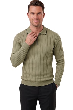 DeepSEA Erkek Slim Fit Tüylenmeyen Çizgi Dokulu Haki Triko Kazak – Fermuarlı Polo Yaka 2700401