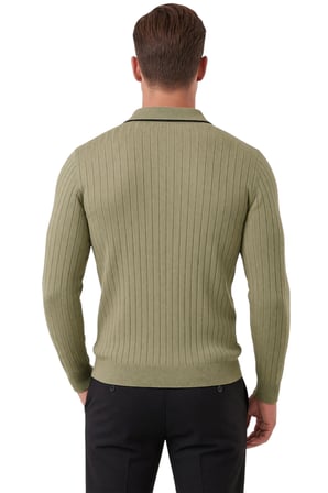 DeepSEA Erkek Slim Fit Tüylenmeyen Çizgi Dokulu Haki Triko Kazak – Fermuarlı Polo Yaka 2700401
