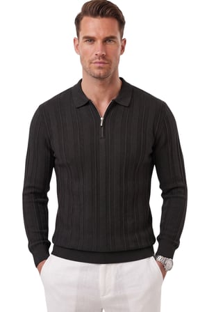 DeepSEA Erkek Slim Fit Dokulu Siyah Triko Kazak – Fermuarlı Polo Yaka Likralı Esnek 2708505