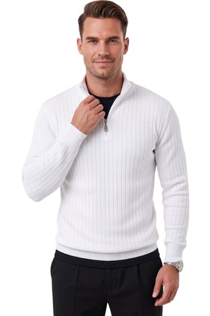 DeepSEA Erkek Slim Fit Tüylenmeyen Beyaz Çizgi Dokulu Triko Kazak – Fermuarlı Dik Yaka Esnek 2708504