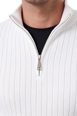 DeepSEA Erkek Slim Fit Tüylenmeyen Beyaz Çizgi Dokulu Triko Kazak – Fermuarlı Dik Yaka Esnek 2708504