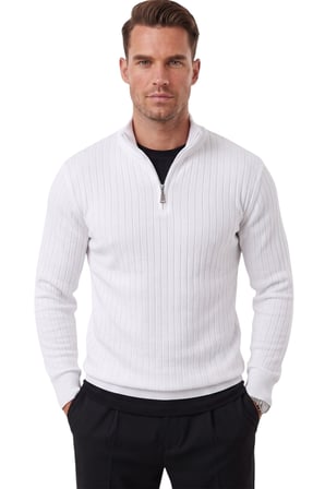 DeepSEA Erkek Slim Fit Tüylenmeyen Beyaz Çizgi Dokulu Triko Kazak – Fermuarlı Dik Yaka Esnek 2708504