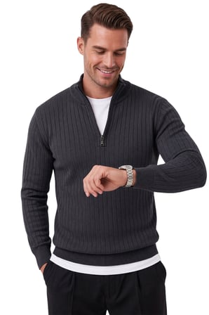 DeepSEA Erkek Slim Fit Tüylenmeyen Füme Çizgi Dokulu Triko Kazak – Fermuarlı Dik Yaka Esnek 2708504