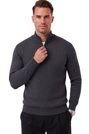 DeepSEA Erkek Slim Fit Tüylenmeyen Füme Çizgi Dokulu Triko Kazak – Fermuarlı Dik Yaka Esnek 2708504