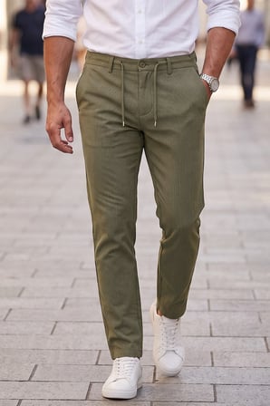 DeepSEA Erkek Slim Fit Çizgili Haki Kumaş Pantolon – İpli Esnek Bel Likralı Spor Pantolon 2700240