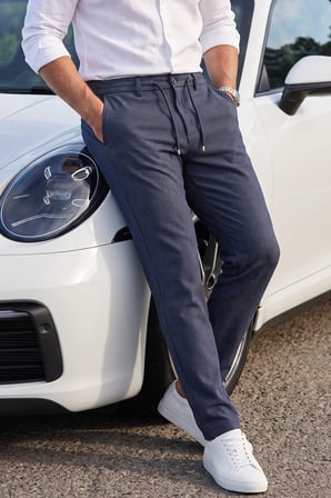 DeepSEA Erkek Slim Fit Çizgili Koyu Lacivert Kumaş Pantolon – İpli Esnek Bel Likralı Spor Pantolon 2700240