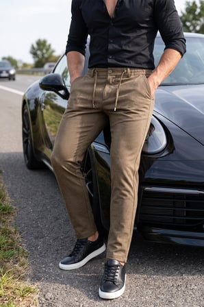 DeepSEA Erkek Slim Fit Çizgili Açık Kahve Kumaş Pantolon – İpli Esnek Bel Likralı Spor Pantolon 2700240